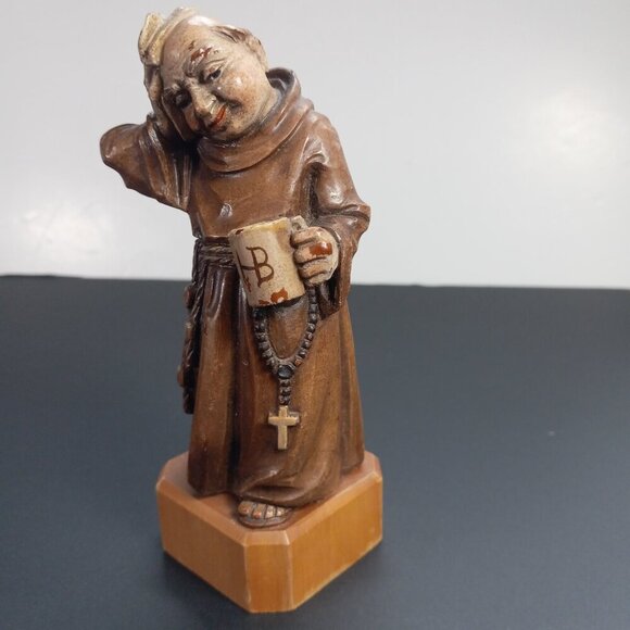 Hungover Monk Figurine Italy Anri Toriart Vintage Resin HB Beer Stein Wood Base - Picture 2 of 10
